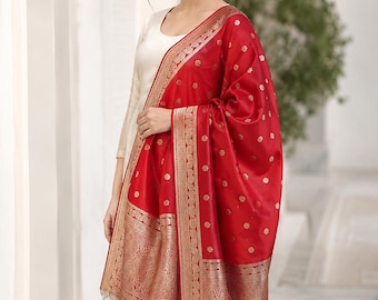 Banarasi Silk Zari Dupatta, Indian Ethnic Wedding Scarf, Festive Embroidered Dupatta for Women