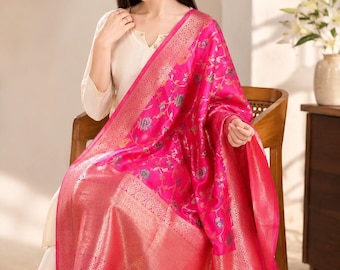 Rani Pink Banarasi Silk Dupatta: Embroidered Paithani Floral Wedding Scarf