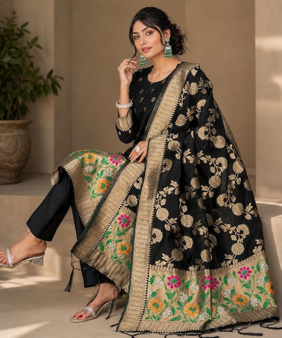 Embroidered Banarasi Silk Salwar Suit: Paithani Dupatta, Indian Dress Material Kurta Set Gift
