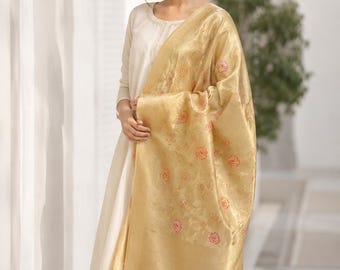 Gold Banarasi Silk Dupatta: Party Wear Floral Paithani Scarf Gift For Women