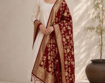 Dupatta/bufanda de seda Banarasi tejida color granate con diseño floral para mujer, regalos de boda indios