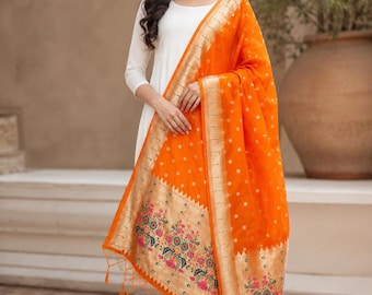 Orange Banarasi Silk Paithani Dupatta for Women: Embroidered Indian Wedding Scarf Stole Wrap Gift