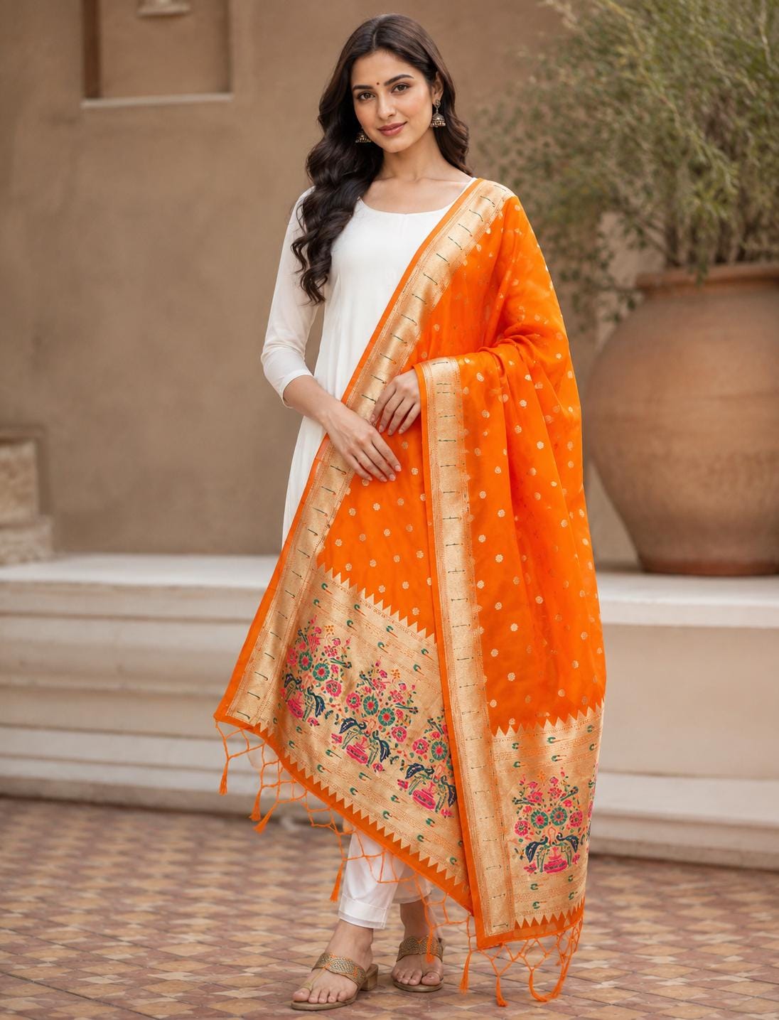 Orange Banarasi Silk Paithani Dupatta for Women: Embroidered Indian Wedding Scarf Stole Wrap Gift