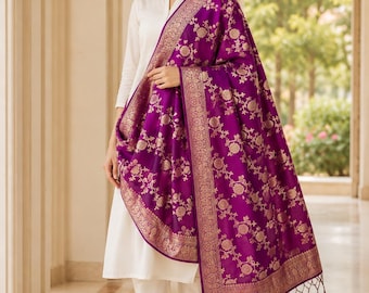 Colección de dupattas de seda Banarasi moradas para mujer, chunni tradicional india