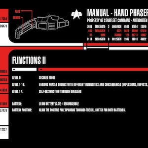 May include: A black and red manual for a Hand Phaser Type 2, with the Starfleet Command logo. The manual includes diagrams and text detailing functions, battery information, and operational modes. The text is white.