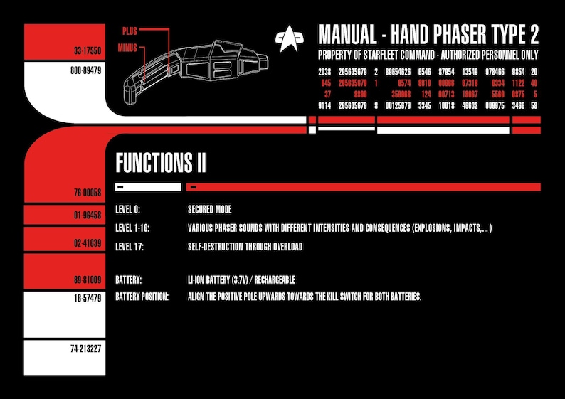 May include: A black and red manual for a Hand Phaser Type 2, with the Starfleet Command logo. The manual includes diagrams and text detailing functions, battery information, and operational modes. The text is white.