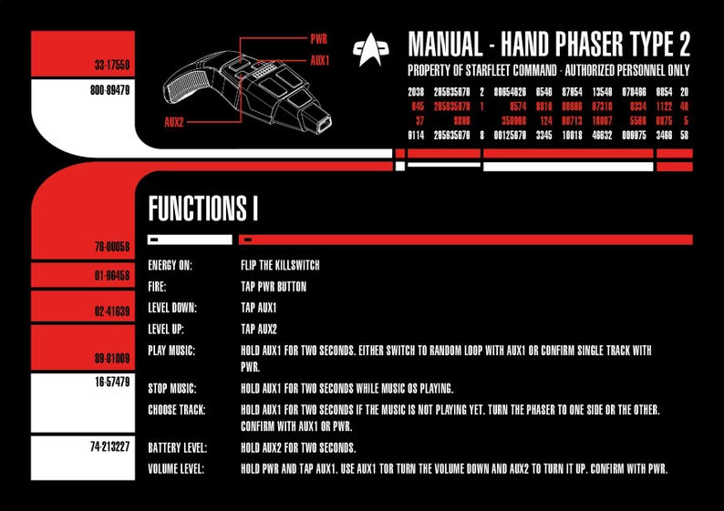 May include: A black and red manual for a Hand Phaser Type 2, with a diagram of the phaser and instructions for its functions. The text includes energy, fire, level, music, and battery level controls.