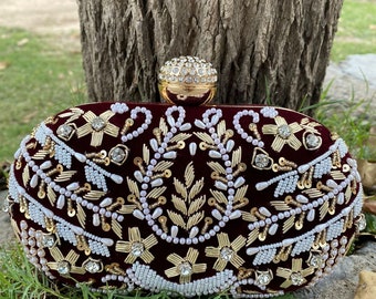 Maroon Zardozi Bride Ethnic Oval Clutch