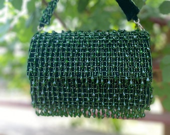 Dark Green Beaded Flap Clutch