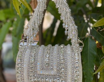 White Beaded Flap Clutch