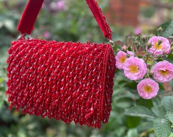 Red Beaded Flap Clutch