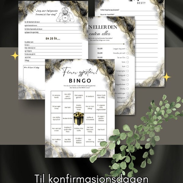 Konfirmasjon. Gjestebok. Spådomsark. Norsk. Print selv. Konfirmasjonsark. Gull og sort. A4. SamlePakke. Bundle