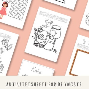 Aktivitetsbok for de yngste gjestene i konfirmasjonen. Norsk språk. 7 sider. A4. Jente. Print Selv. Gjestebok. Konfirmant.