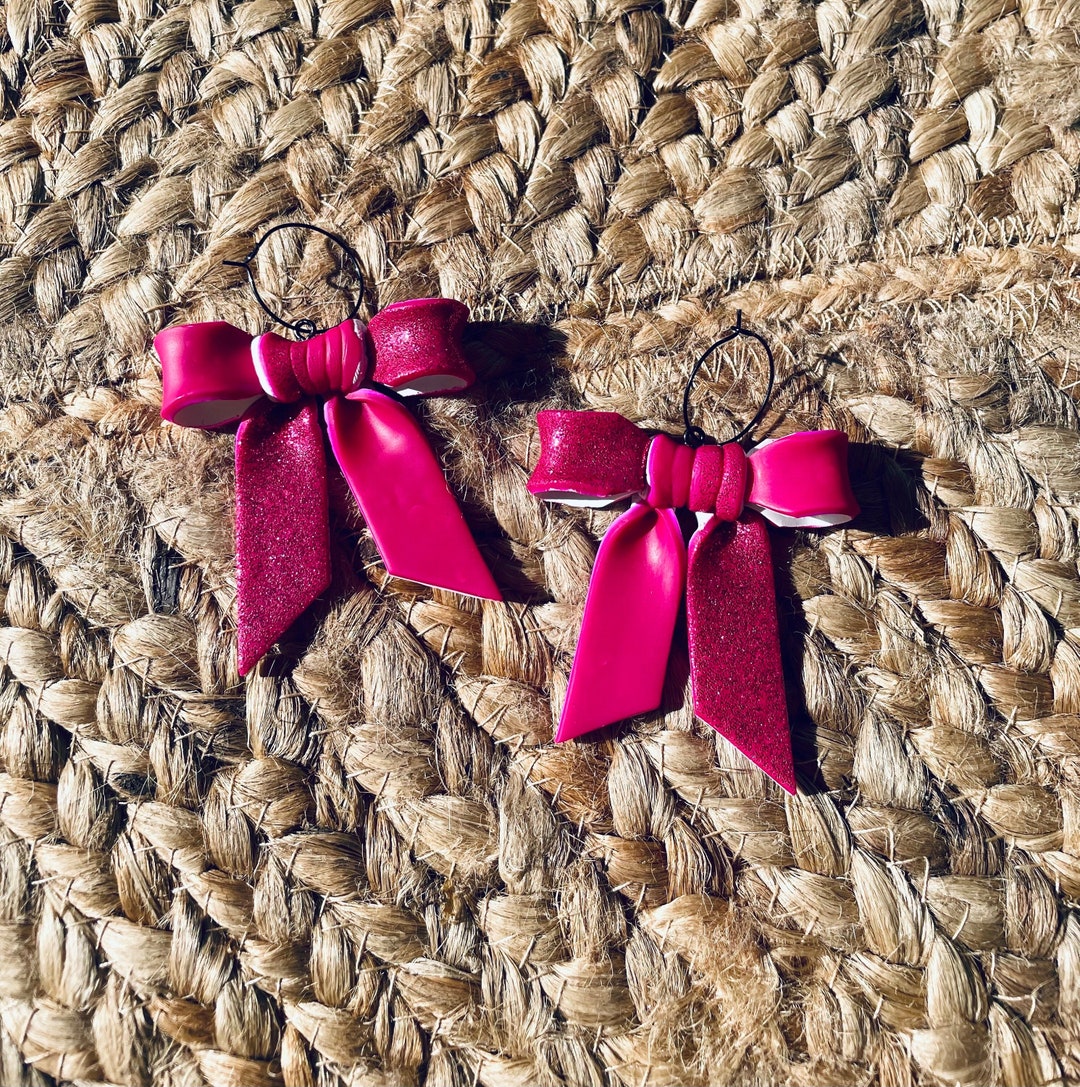 Large Ribbon Hoop Bow Ribbon Hoop Earrings - X-large Colour Block Deep Pink/glitter. X ...