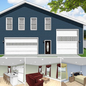 2 habitaciones, 1,5 baños, 1200 pies cuadrados, 47x41, planos de casas de apartamentos con garaje para vehículos recreativos, plano de planta compacto estilo Cape Cod, plano digital de garaje con plataforma grande para autobuses para vehículos recreativos, pdf