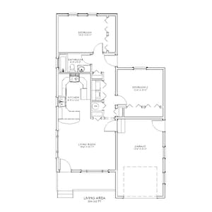 Puede incluir: Plano arquitect&oacute;nico en blanco y negro de una casa. El dise&ntilde;o incluye una sala de estar, cocina, dos dormitorios, un ba&ntilde;o y un garaje. Las dimensiones de las habitaciones se proporcionan en pies y pulgadas, y la superficie habitable es de 80,27 metros cuadrados.