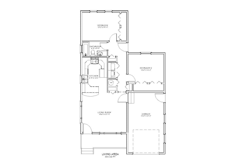 Puede incluir: Plano arquitect&oacute;nico en blanco y negro de una casa. El dise&ntilde;o incluye una sala de estar, cocina, dos dormitorios, un ba&ntilde;o y un garaje. Las dimensiones de las habitaciones se proporcionan en pies y pulgadas, y la superficie habitable es de 80,27 metros cuadrados.