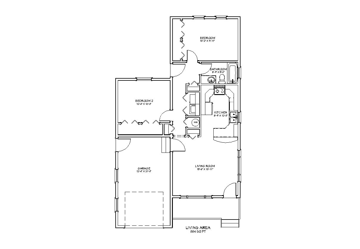 2 Bedroom 1 Bath Cottage Style Architectural Plans, Tiny House Plans 884 SF 29'x50' Garage Small First Home Floor Plan Digital Blueprint PDF