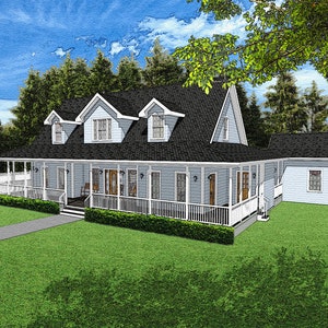 May include: A light blue, two-story house with a black roof and a wraparound porch. The house has white trim and a white picket fence. There are trees and bushes in the yard.