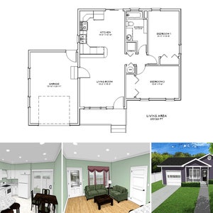 800 vierkante meter plattegrond met twee slaapkamers en een badkamer, huisplannen met één verdieping, enkele garage en veranda