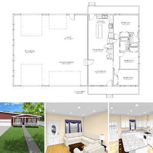 1200 Square Foot Three Bedroom Two Bathroom Floor Plan, One Story RV Bus Big Rig Garage with Apartment House Plans