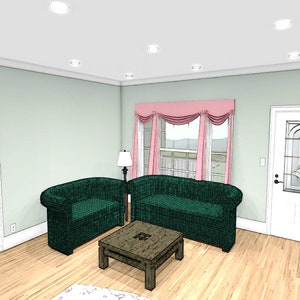 Puede incluir: Un sal&oacute;n con un sof&aacute; y un sill&oacute;n verdes, una mesa de centro de madera y una l&aacute;mpara blanca. La habitaci&oacute;n tiene paredes verde claro, una cortina rosa y una puerta blanca. El suelo es de madera clara.