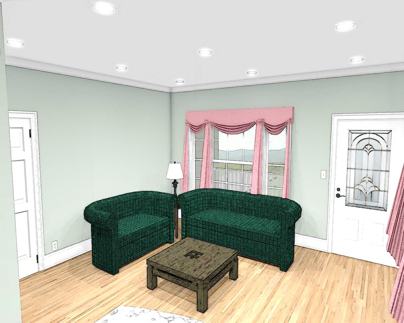 Puede incluir: Un sal&oacute;n con un sof&aacute; y un sill&oacute;n verdes, una mesa de centro de madera y una l&aacute;mpara blanca. La habitaci&oacute;n tiene paredes verde claro, una cortina rosa y una puerta blanca. El suelo es de madera clara.