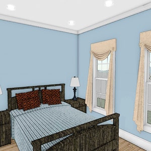Puede incluir: Interior de dormitorio con pared azul claro, dos ventanas con cortinas beige y una cama con edred&oacute;n a rayas. Dos mesitas de noche con l&aacute;mparas flanquean la cama. Cojines decorativos con un estampado naranja est&aacute;n en la cama.