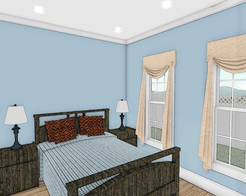 Puede incluir: Interior de dormitorio con pared azul claro, dos ventanas con cortinas beige y una cama con edred&oacute;n a rayas. Dos mesitas de noche con l&aacute;mparas flanquean la cama. Cojines decorativos con un estampado naranja est&aacute;n en la cama.