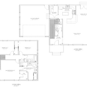 Pode incluir: Um plano de planta em preto e branco de uma casa com uma garagem dupla, cozinha, sala de jantar, sala de estar, hall de entrada, lavanderia, quarto principal, banheiro principal e três quartos. A área habitável é de 838 pés quadrados.