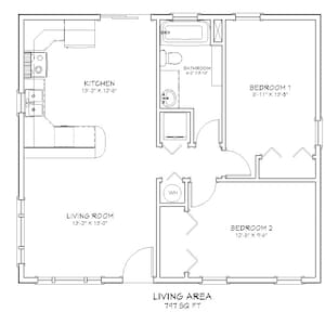 Cottage met 2 slaapkamers en 1 badkamer, architecturale plattegronden, 797 SF 30'x27', plattegronden Tiny House, plattegrond traditionele kleine woning, digitale blauwdruk pdf