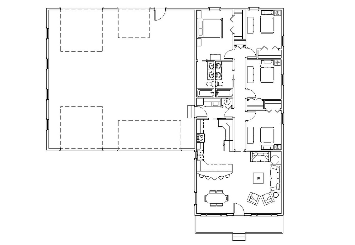 4 Bedroom Ranch Style House Plans, RV Bus Big Rig Garage, 1508 Square