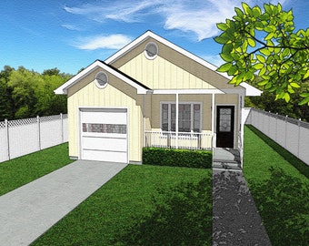 May include: A yellow single-story house with a white garage door, a white picket fence, and a green lawn. The house has a porch with a white railing and a white door.