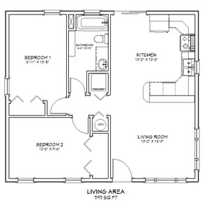 Compacte cottage architectonische plannen met 2 slaapkamers en 1 badkamer, 797 SF, 30'x27', Tiny House-plannen, plattegrond in traditionele stijl, digitale blauwdruk PDF