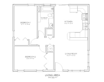 2 Bedroom 1 Bath Compact Cottage Architectural Plans, 797 SF, 30'x27', Tiny House Plans, Traditional Style Floor Plan, Digital Blueprint PDF