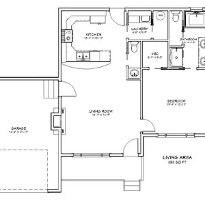 Compacte cottage met 1 slaapkamer en 1,5 badkamers, architectonische plannen van 850 SF 45'x37', gastenverblijfplannen, schoonmoeder plattegrond digitale blauwdruk