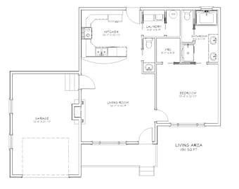 Planos arquitectónicos de cabañas compactas de 1 dormitorio y 1,5 baños, garaje de 850 pies cuadrados 45&#39;x37&#39;, planos de casa de huéspedes, plano de planta de suegra