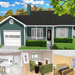 1 Bed 1.5 Bath 850SF 45x37 House Plans, Traditional Cottage Floor Plan, 1 Car Garage, Tiny House, Guest House Granny House Digital Blueprint