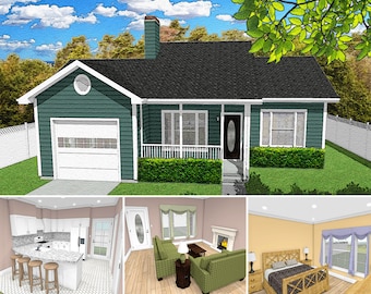1 Bed 1.5 Bath 850SF 45x37 House Plans, Traditional Cottage Floor Plan, 1 Car Garage, Tiny House, Guest House Granny House Digital Blueprint