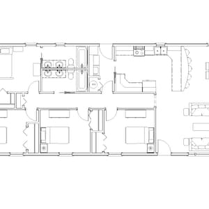 K&ouml;nnte beinhalten: Ein schwarz-wei&szlig; gezeichneter Grundriss eines Hauses mit vier Schlafzimmern, zwei Badezimmern, einer K&uuml;che und einem Wohnzimmer.