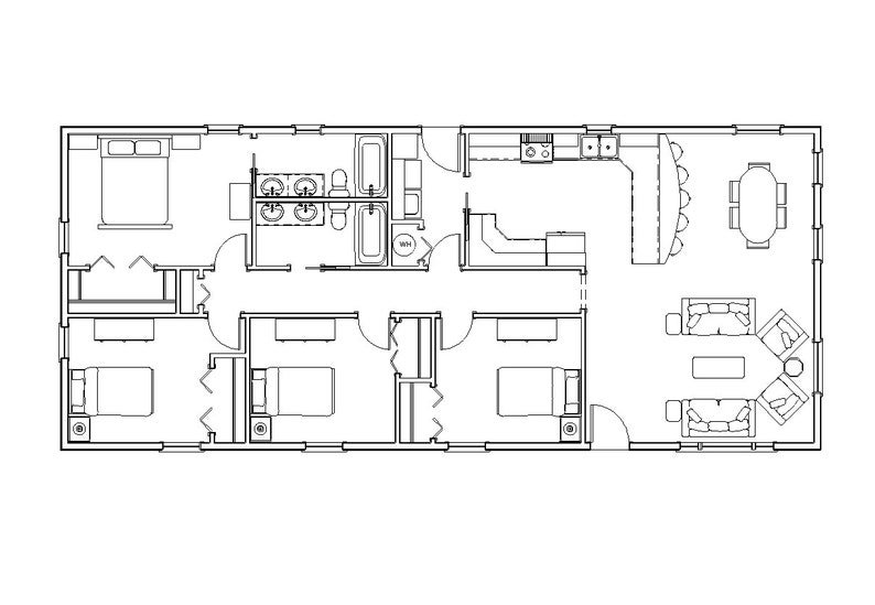 K&ouml;nnte beinhalten: Ein schwarz-wei&szlig; gezeichneter Grundriss eines Hauses mit vier Schlafzimmern, zwei Badezimmern, einer K&uuml;che und einem Wohnzimmer.