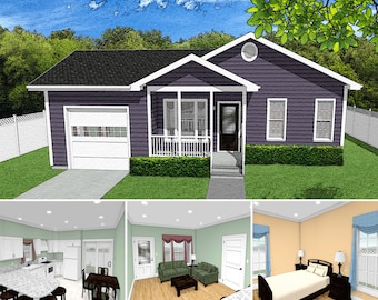 2 Bed 1 Bath 800SF 44x34 House Plans, 1 Car Garage, Front Porch, Small First Home, Granny House Floor Plan Guest House Digital Blueprint PDF