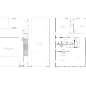 Planos arquitectónicos de apartamentos con garaje de 2 habitaciones, 1,5 baños, garaje para vehículos recreativos con plataforma grande para autobuses, 1257 pies cuadrados 47&#39;x41&#39;, plano de planta compacto estilo Cape Cod