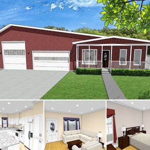 3 Bed 2 Bath 1200 SF 72x41 House Plans, Ranch Style RV Bus Big Rig Garage Apartment, Compact Floor Plan, Front Back Porch, Digital Blueprint
