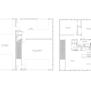 2 Bedroom 1.5 Bath Garage Apartment Architectural Plans, RV Bus Big Rig Garage, 1257 SF, 47&#39;x41&#39;, Small House Plans, Compact Floor Plan, PDF