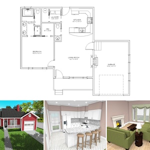 800 Square Foot One Bedroom One Bathroom Floor Plan, One Story House Plans with Single Garage, Front Porch, Fireplace