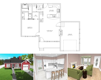 800 Square Foot One Bedroom One Bathroom Floor Plan, One Story House Plans with Single Garage, Front Porch, Fireplace