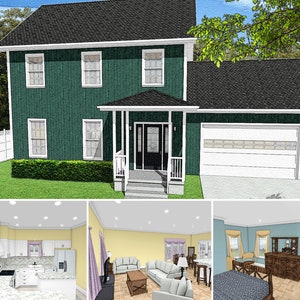 3 Bed 2.5 Bath 1700 SF 52x29 House Plans, 2 Story Traditional Cape Cod Style Cottage Floor Plan, 2 Car Garage, Digital Blueprint PDF