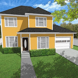 2 Bedroom Traditional Cottage House Plans, Two Story Floor Plan, 2/2.5, 1518 Square Feet, 50&#39;x32&#39;, Double Garage, Classic Small First Home