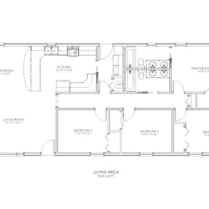 4 Bedroom 2 Bath Ranch Style Architectural Plans, 1508 SF, 60&#39;x25&#39;, One Story House Plans, Compact Family Floor Plan, Digital Blueprint PDF